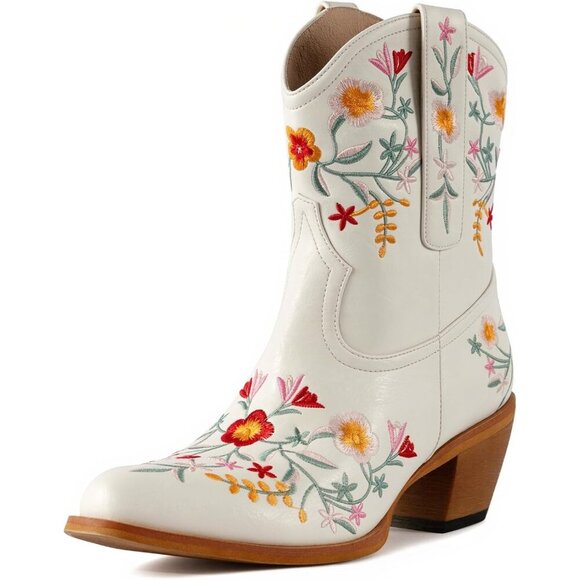 Shoes - Women's Chunky Heel Ankle Snip Square Toe Flower Embroidered Western White Boot